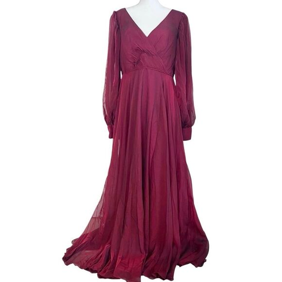 Mac Duggal Deep Garnet Sheer Blouson Sleeve Surplice Gown Size 12 NEW MSRP $398 - Picture 8 of 9